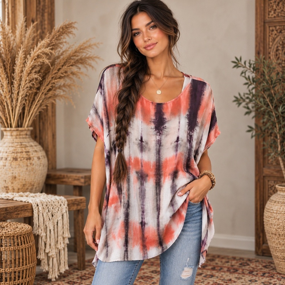 Chalet Womens Large Tie Dye Tunic Top Rayon Boho Oversized Flowy Blouse